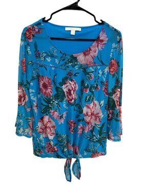 Juniper + Lime Blue Floral Tie-Front Bell Sleeve Blouse Size L Boho Coquette